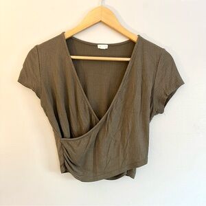 Garage Olive Ribbed Wrap Crop Top